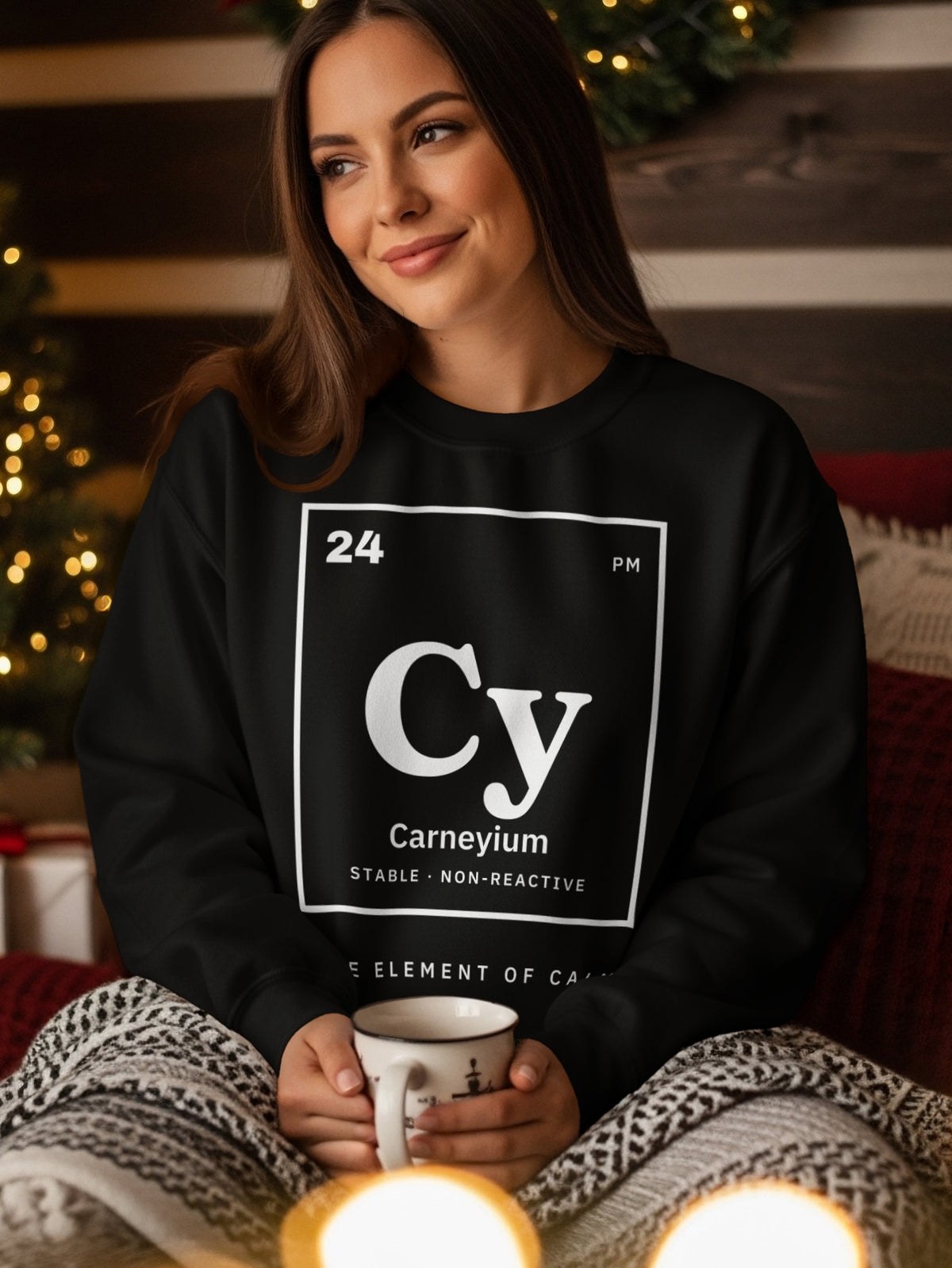 Black sweatshirt with "Carneyium" element symbol and description.