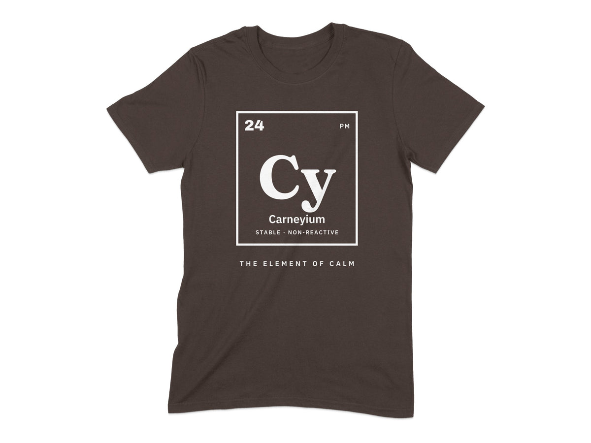 Brown t-shirt with "Carneyium" element symbol, "24" and "PM".