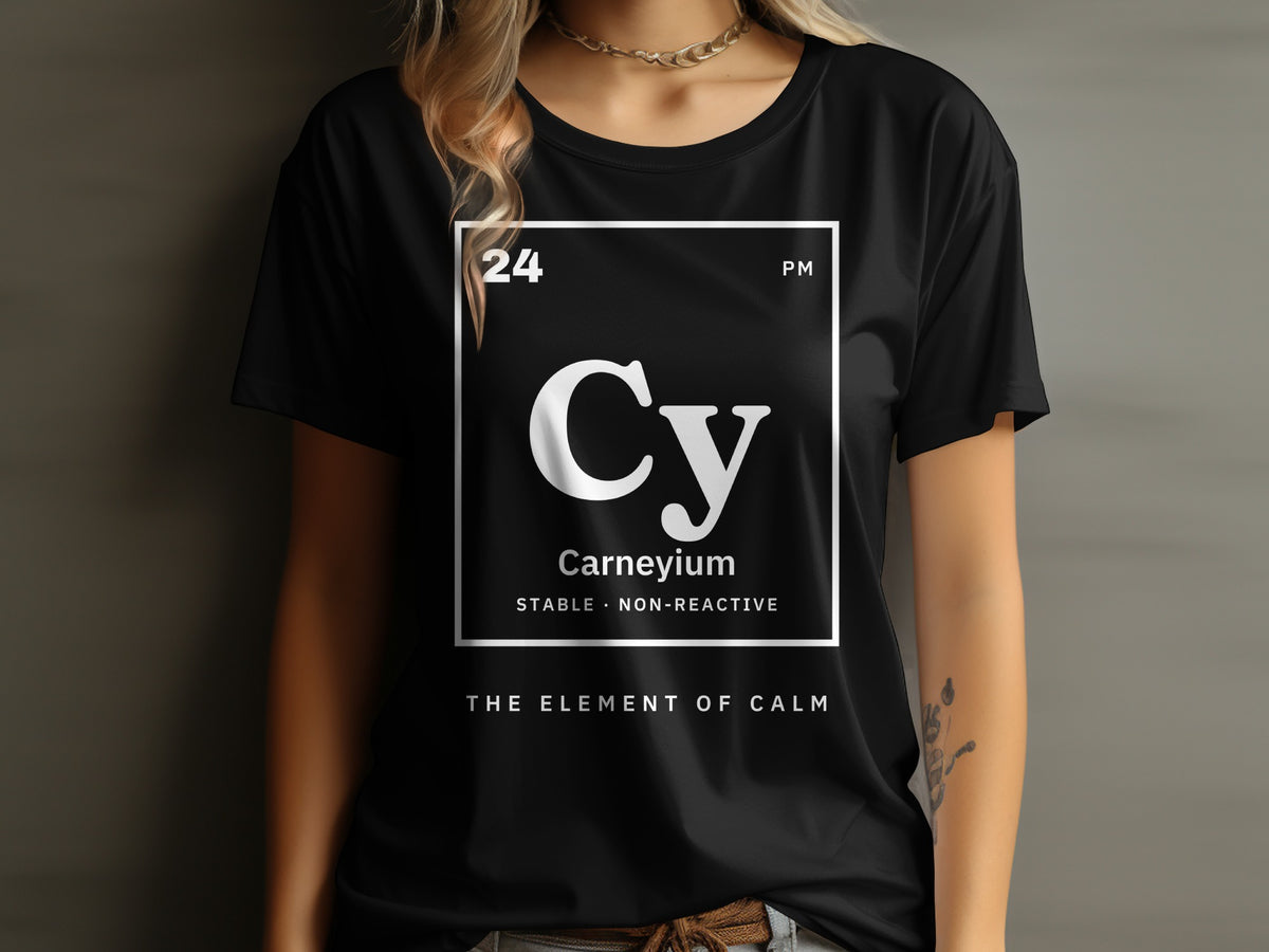 Black t-shirt with "Carneyium" in a periodic table element format.