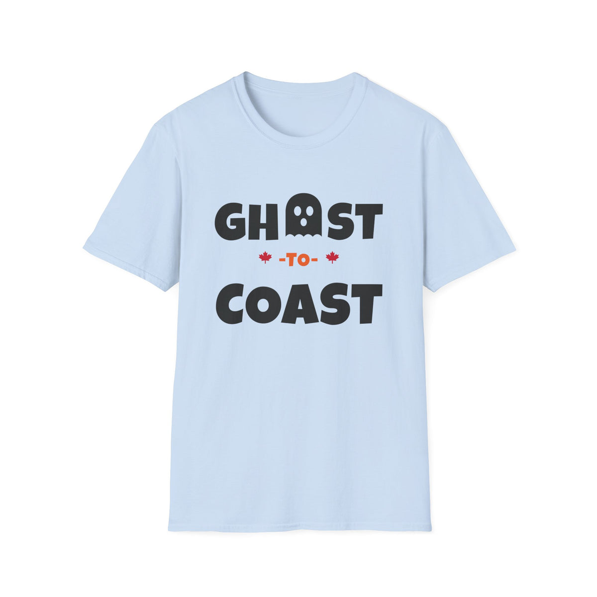 Light blue t-shirt with black text "GHOST -TO- COAST" and a ghost icon.