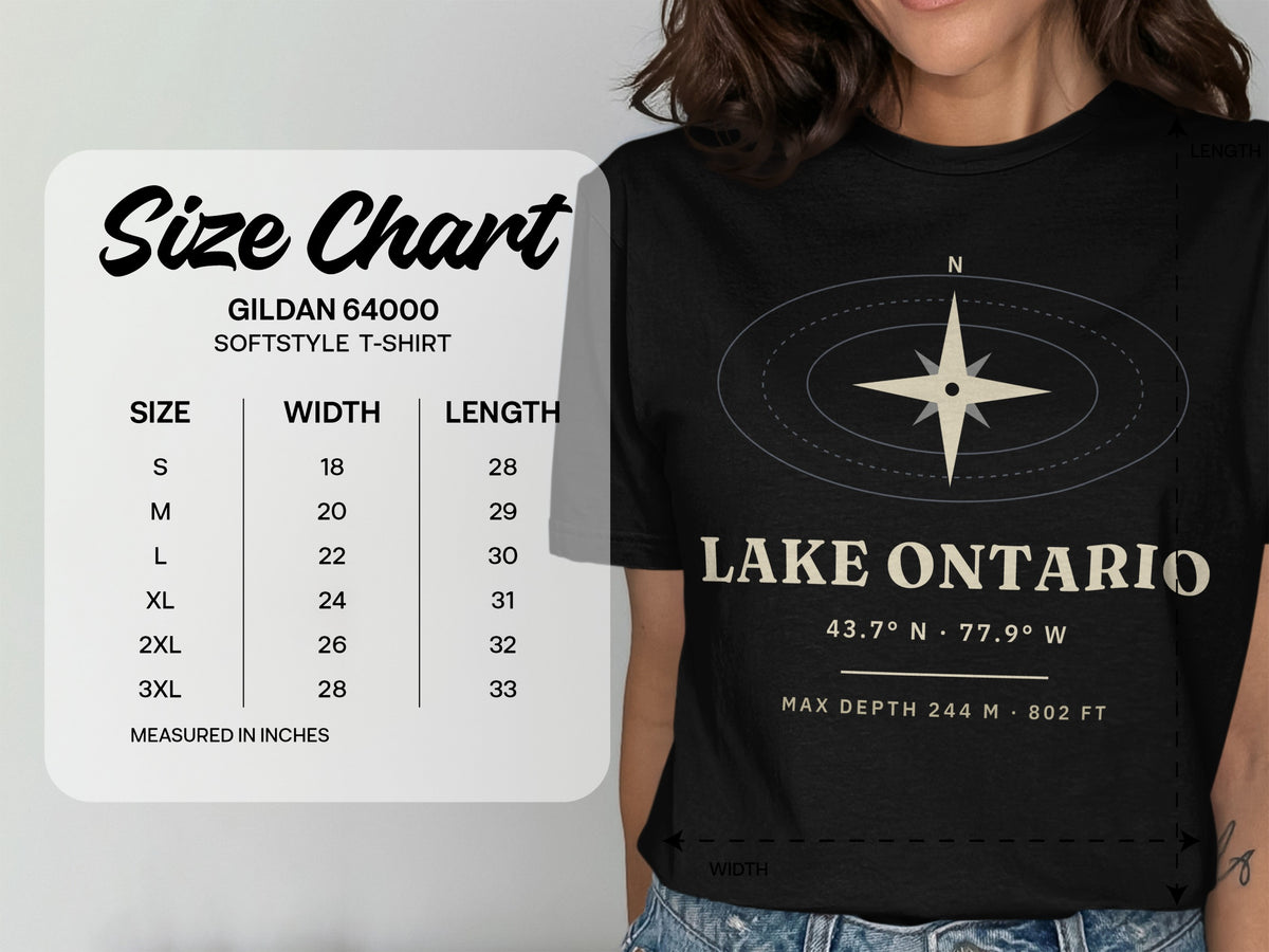 Gildan 64000 softstyle t-shirt size chart with width and length measurements in inches.