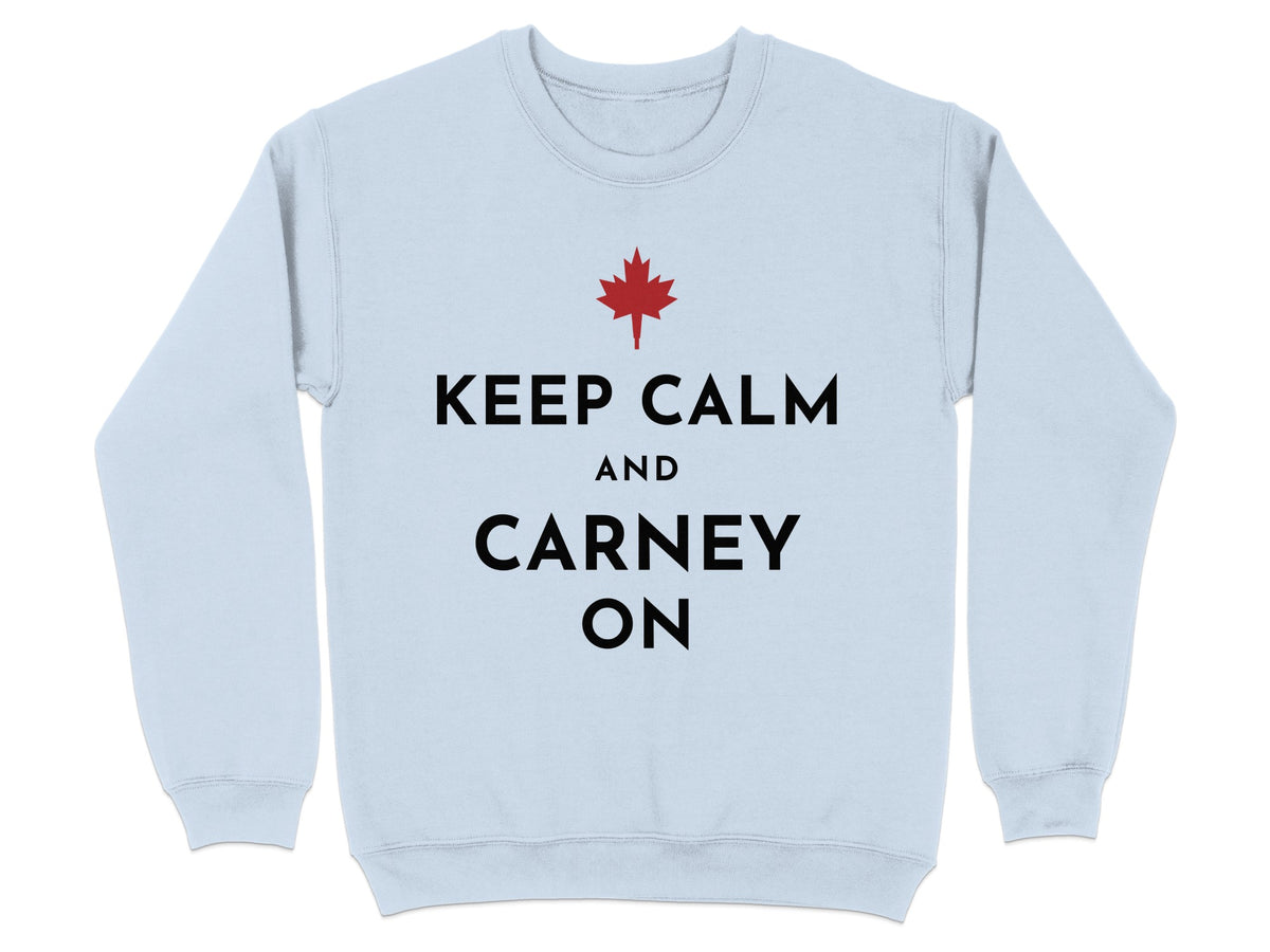Light blue sweatshirt with "Keep Calm and Carney On" and a red maple leaf.