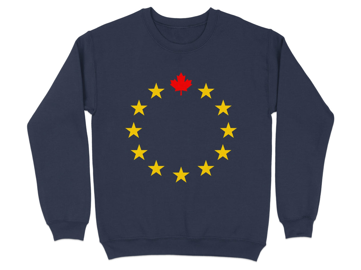 Navy sweatshirt with a circle of yellow stars and a red maple leaf at the top.
