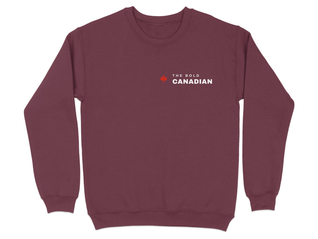 Maroon sweatshirt with a small red maple leaf and text reading "The Bold Canadian."
