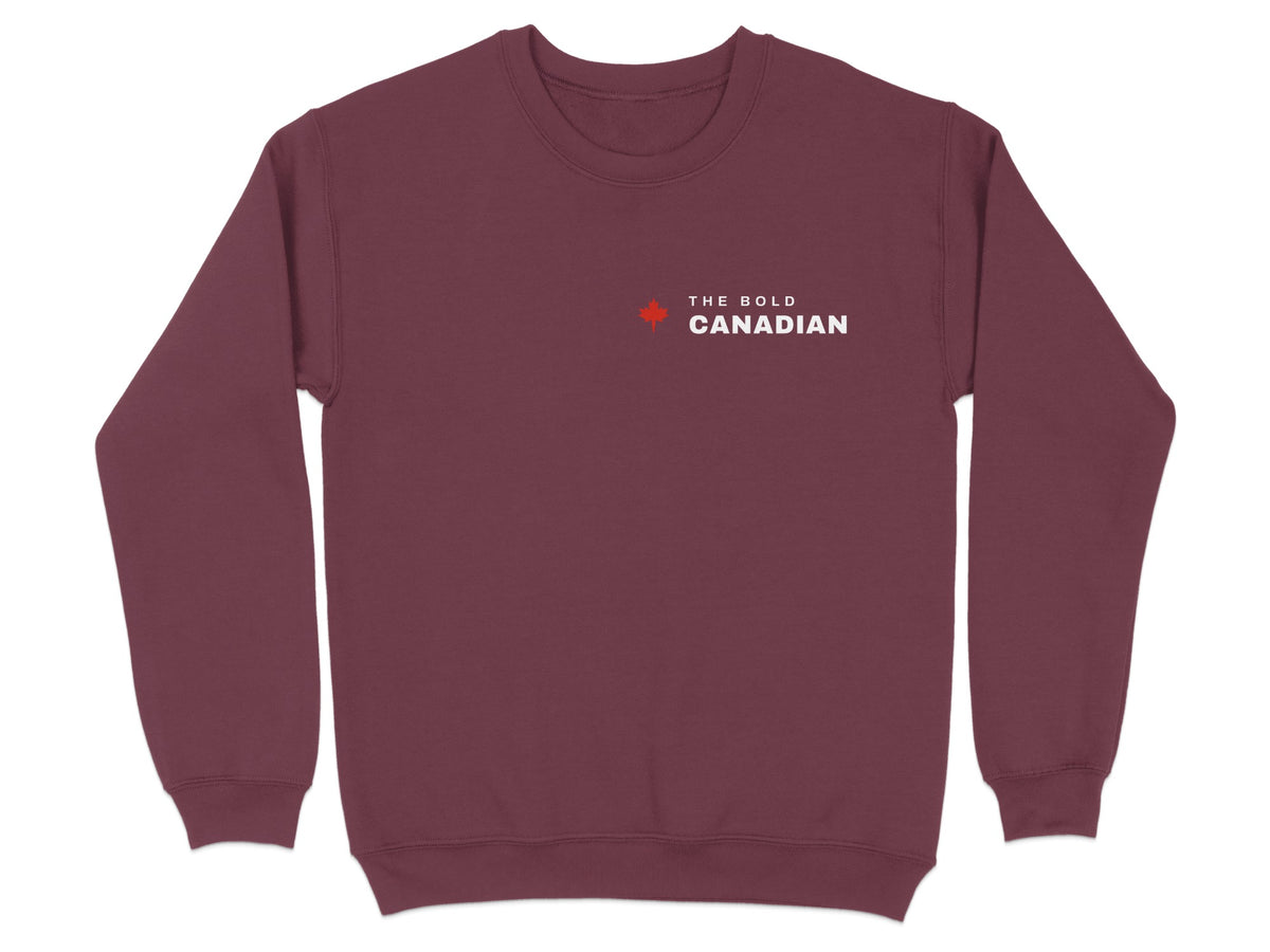 Maroon sweatshirt with a small red maple leaf and text reading "The Bold Canadian."