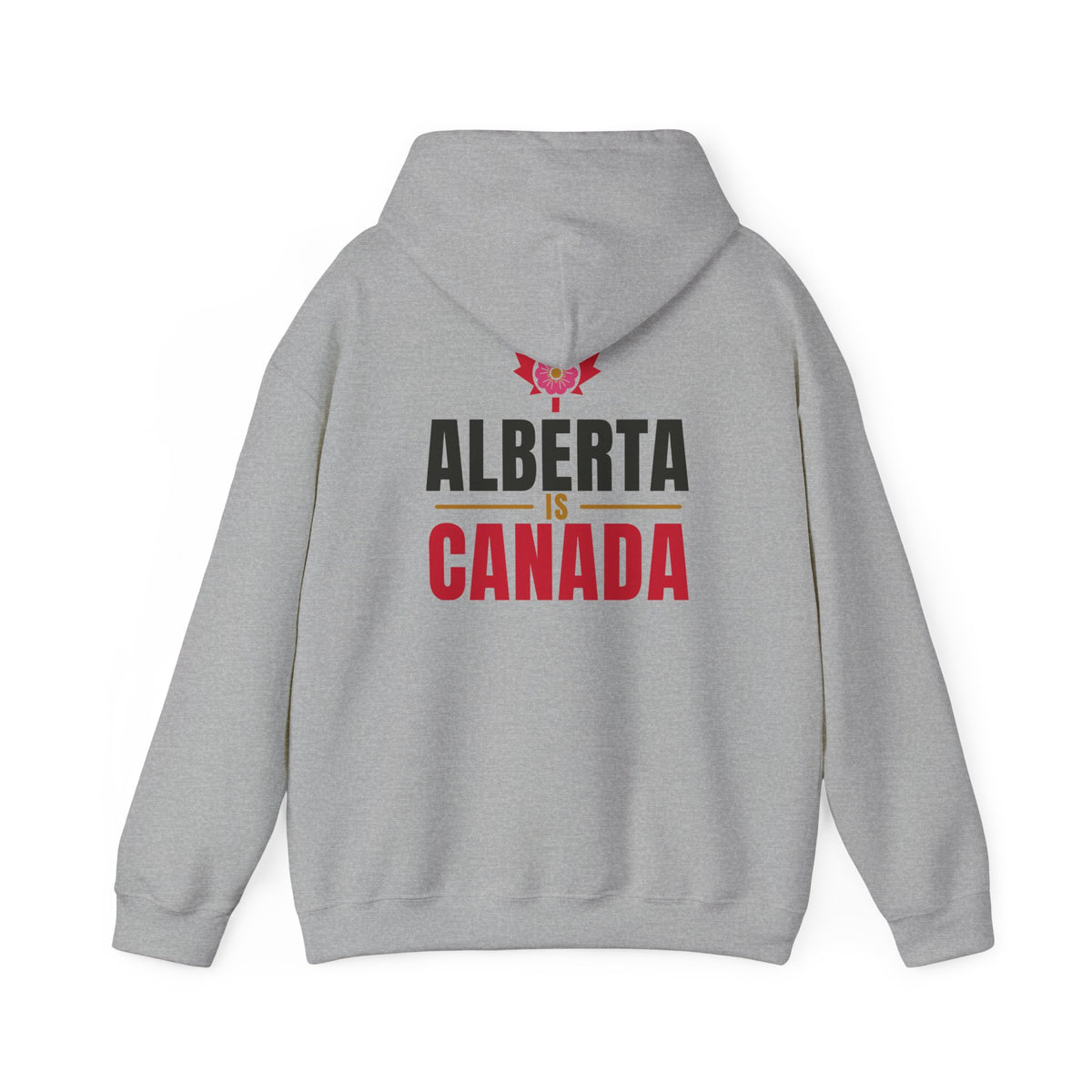 Grey hoodie with "Alberta is Canada" text and a rose emblem.
