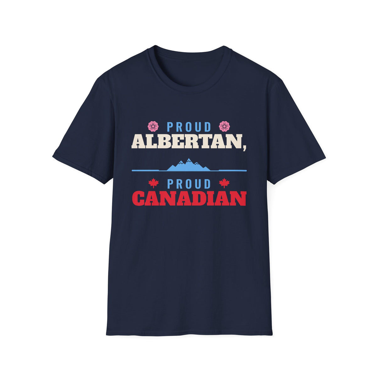 Navy t-shirt with text "Proud Albertan, Proud Canadian" and mountain graphic.