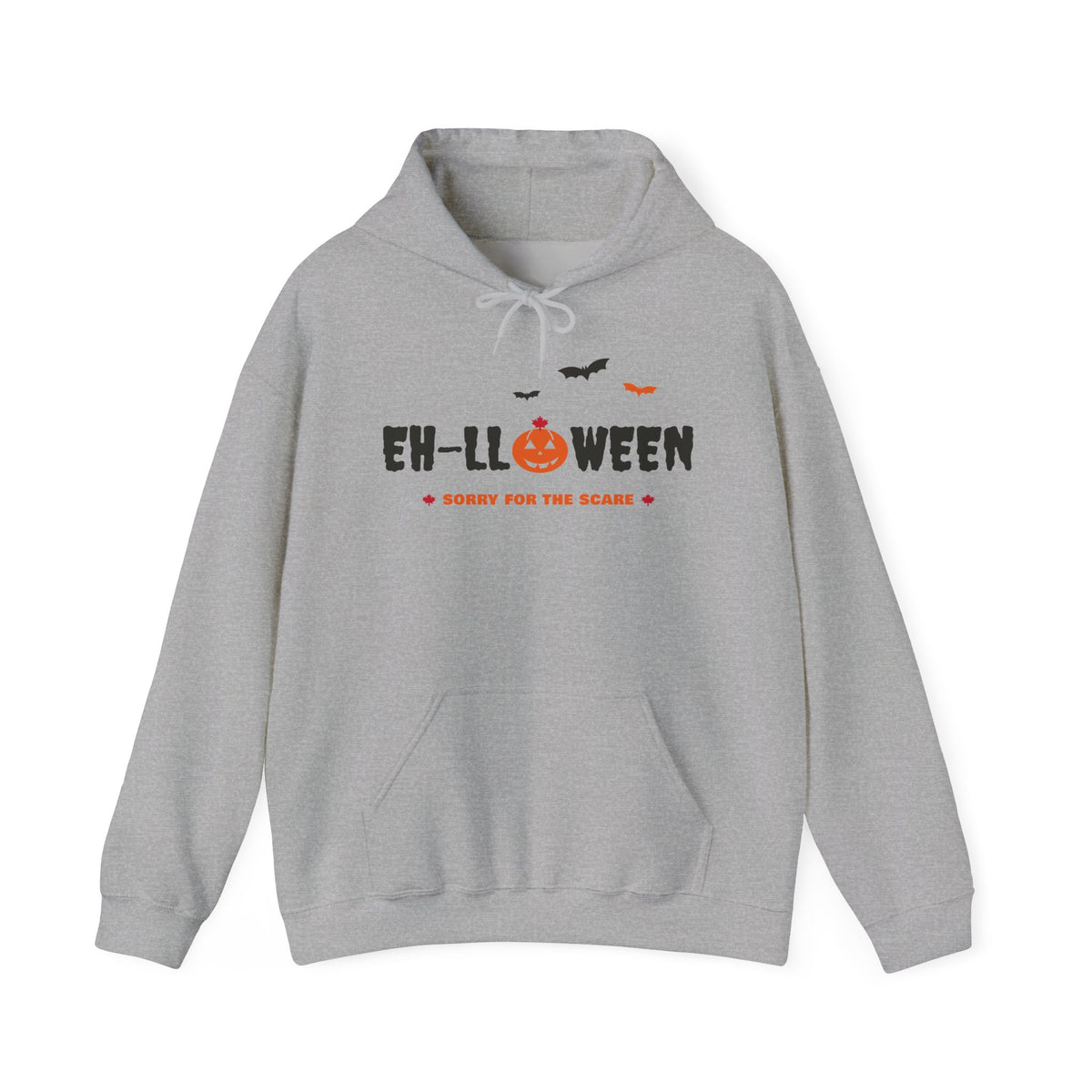 Grey hoodie with "EH-LL O WEEN SORRY FOR THE SCARE" text and bats.