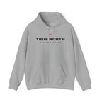 Light grey hooded sweatshirt with "TRUE NORTH STRONG AND FREE" text and Canadian maple leaf.