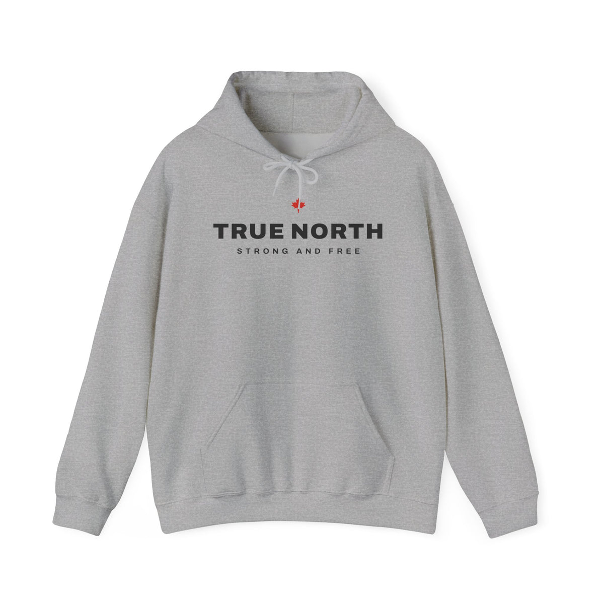 Light grey hooded sweatshirt with "TRUE NORTH STRONG AND FREE" text and Canadian maple leaf.