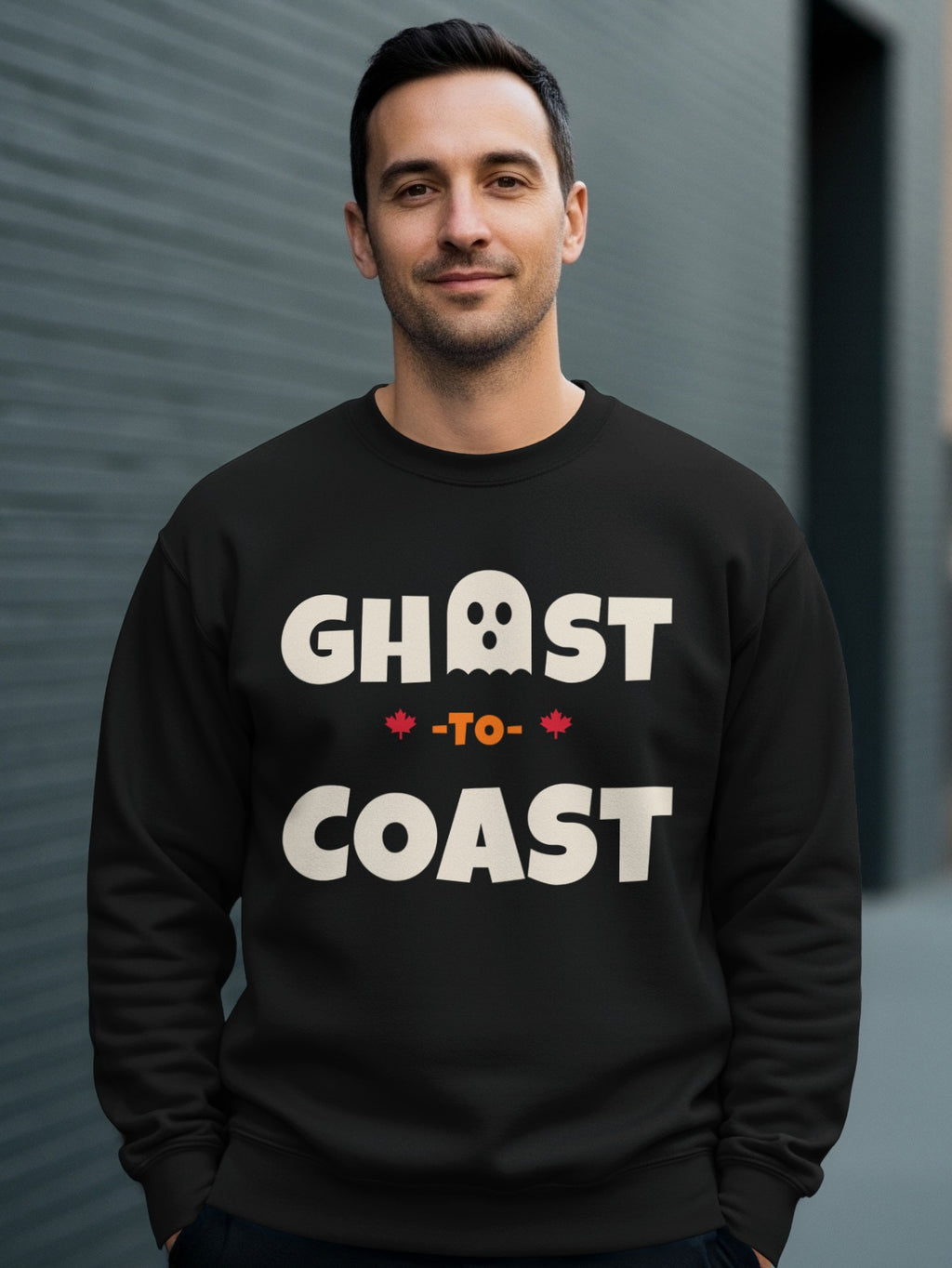 Black sweatshirt with "Ghost-To-Coast" text and a ghost graphic.