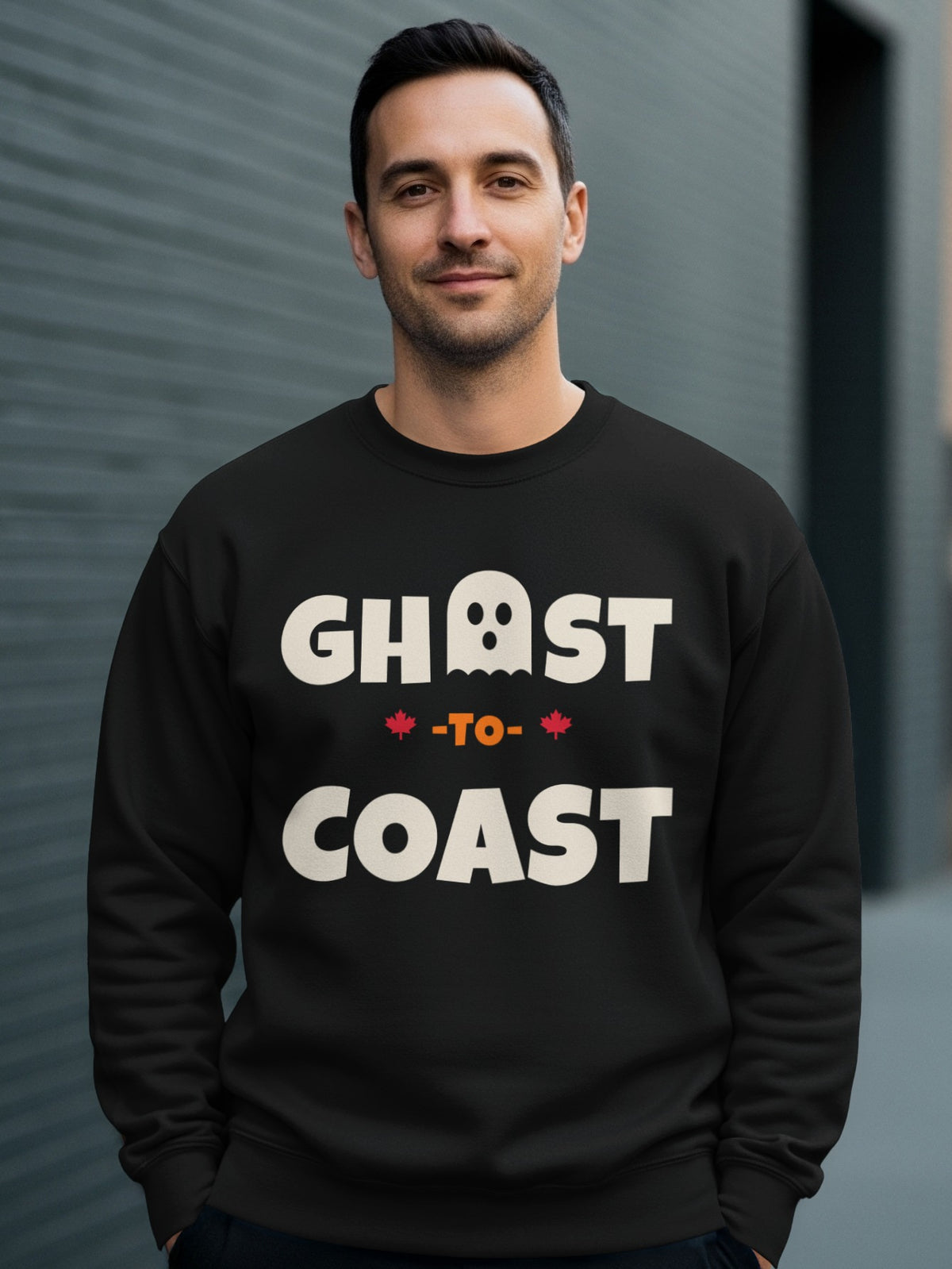 Black sweatshirt with "Ghost-To-Coast" text and a ghost graphic.