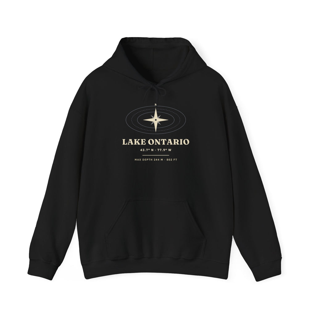 Black hoodie with "Lake Ontario" text and compass graphic.