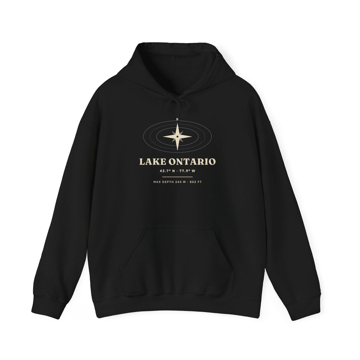 Black hoodie with "Lake Ontario" text and compass graphic.
