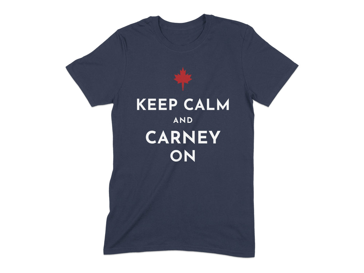 Dark blue t-shirt with a red maple leaf and text: "KEEP CALM AND CARNEY ON".