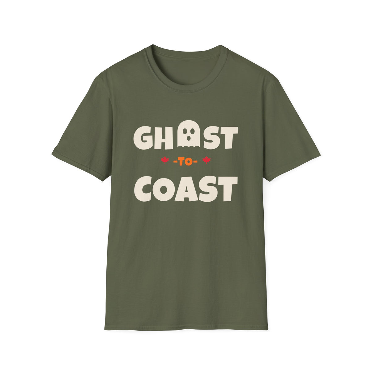 Olive green t-shirt with "Ghost to Coast" text and ghost graphic.