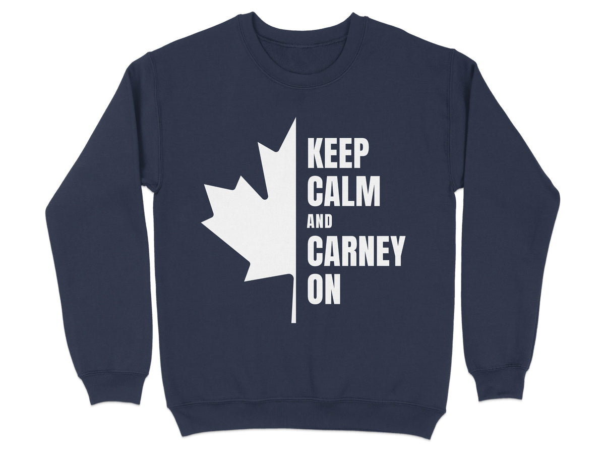 Navy sweatshirt with white Canadian maple leaf and "Keep Calm and Carney On" text.