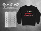 Gildan 18000 size chart for a black sweatshirt with "Lake Ontario Corrected America" graphic.