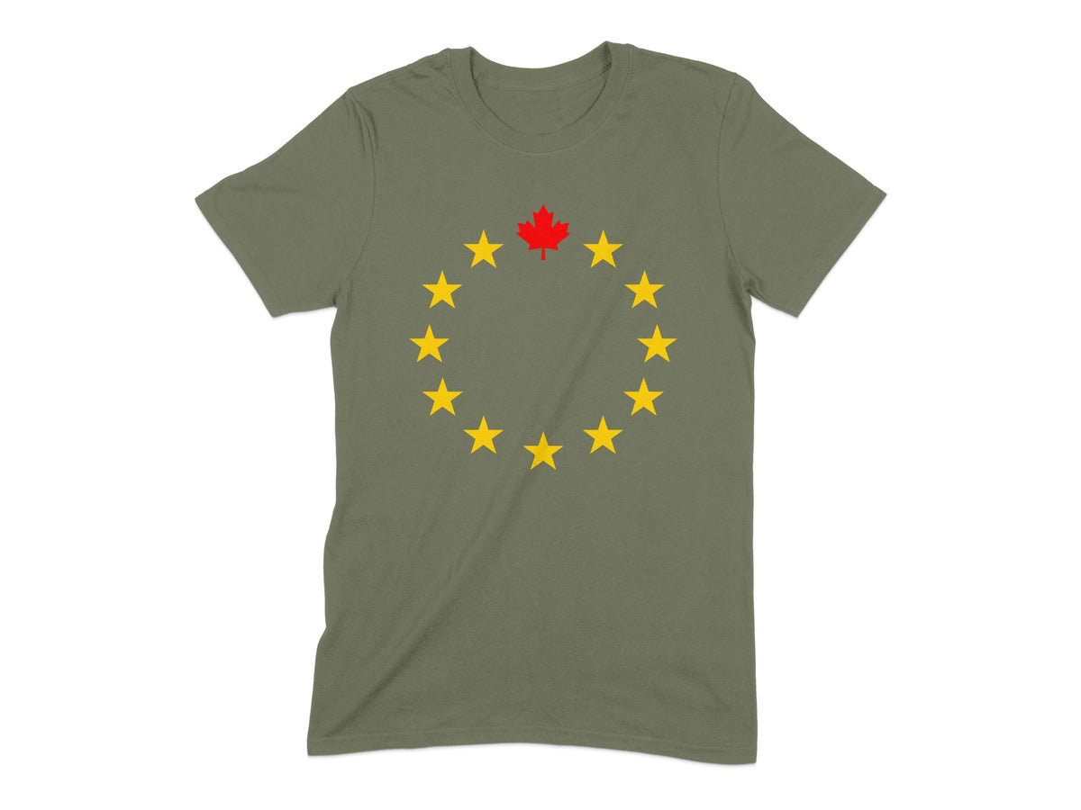 Olive t-shirt with a circle of yellow stars and a red maple leaf at the top.