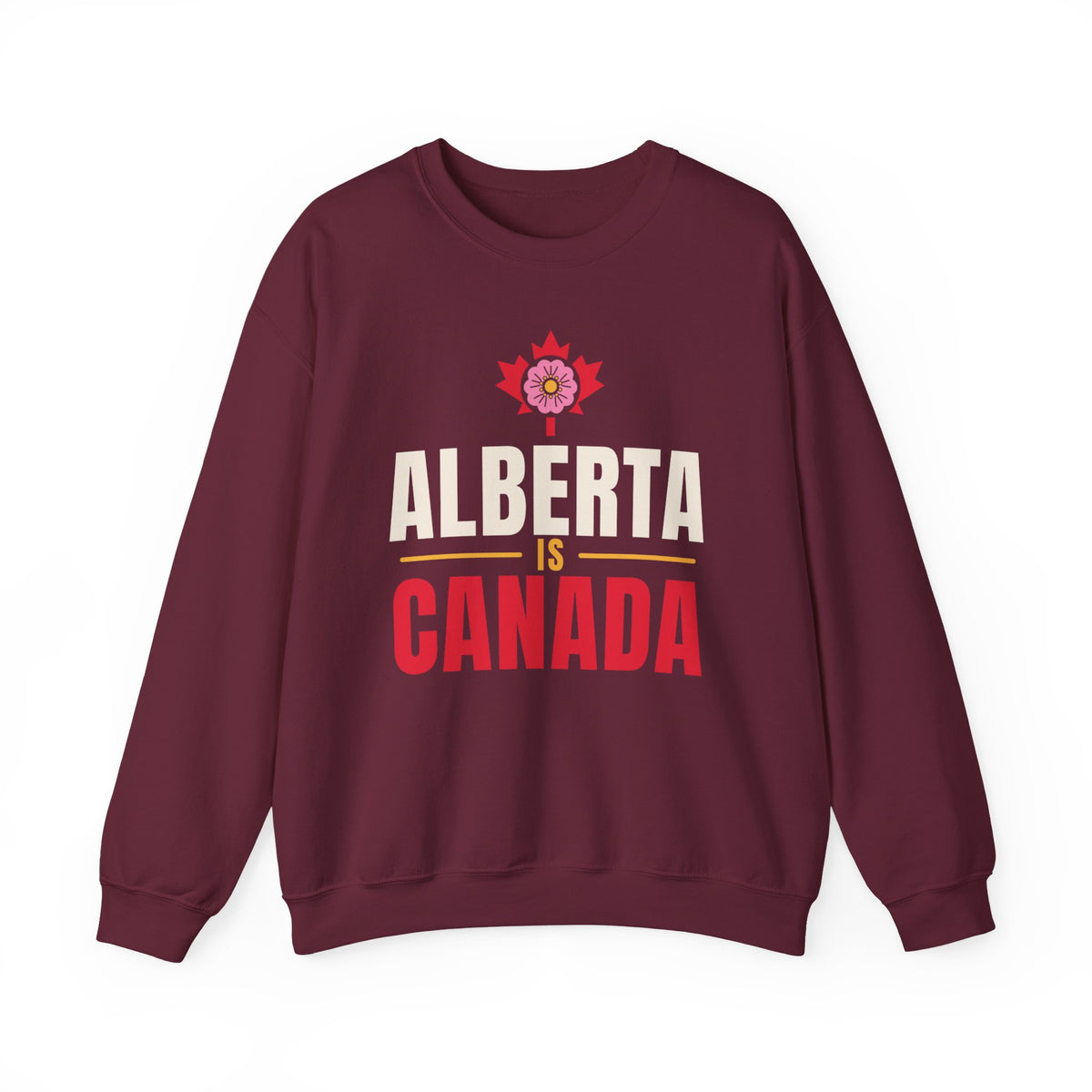 Maroon sweatshirt with "Alberta is Canada" text and floral graphic.