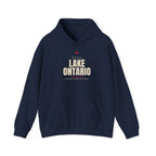 Navy hoodie with "Still Lake Ontario On Maps Since the 1600s" text.