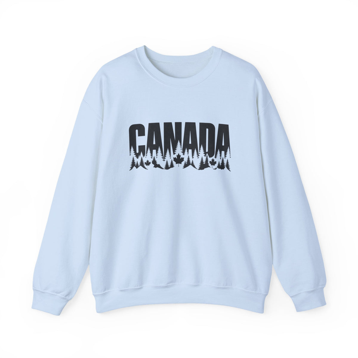 Light blue crewneck sweatshirt with black "CANADA" text and forest graphic.
