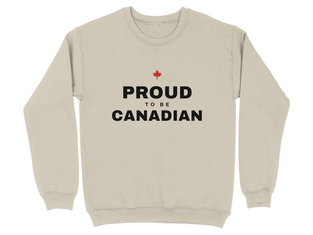 Crewneck sweatshirt with red maple leaf and "PROUD TO BE CANADIAN" text.