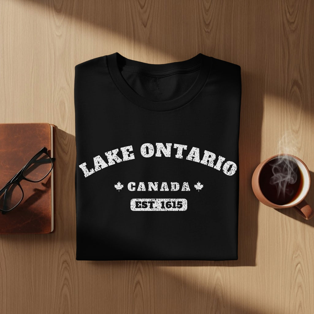 Black t-shirt with "Lake Ontario Canada Est. 1615" text and maple leaves.