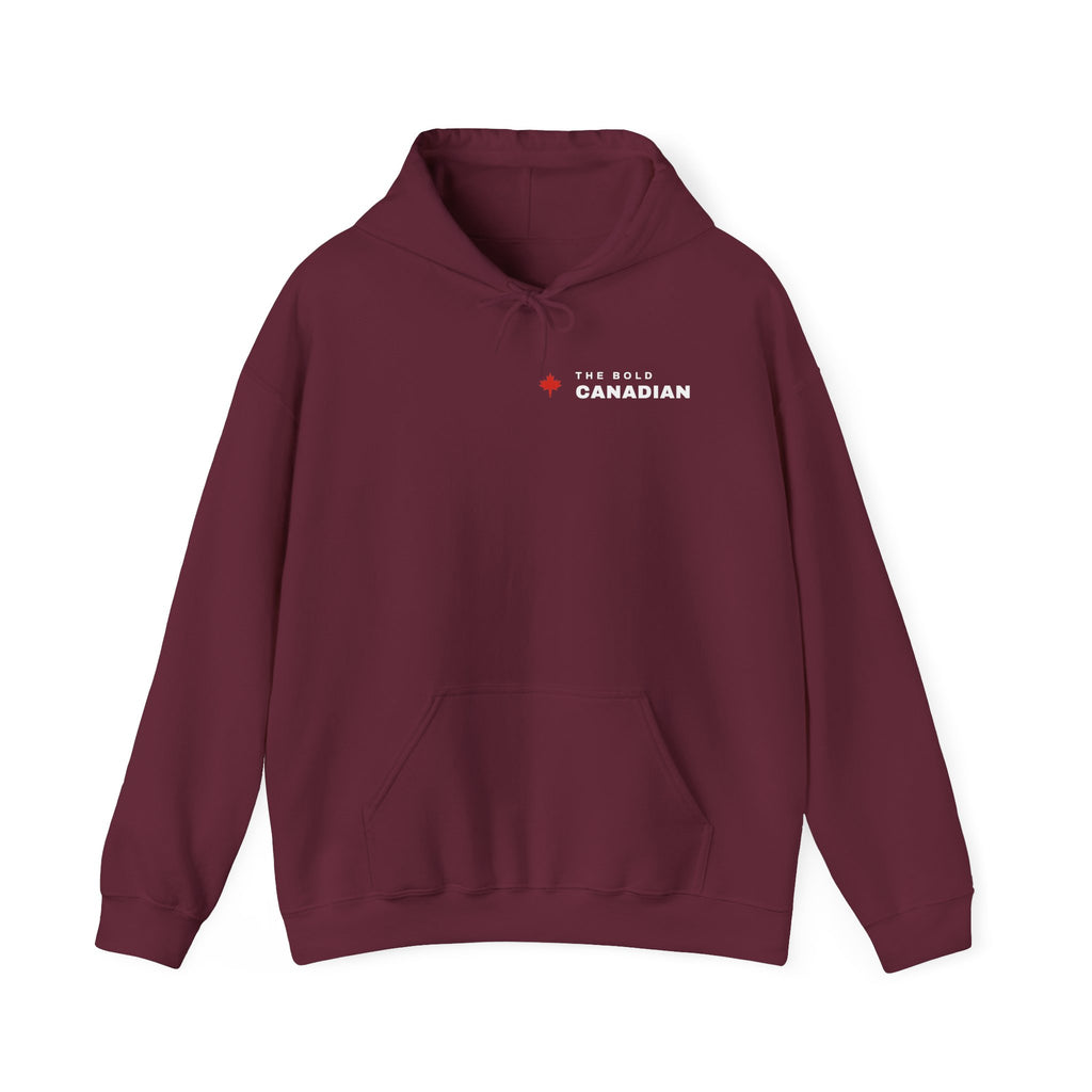 Maroon hoodie with "The Bold Canadian" text and a red maple leaf logo.
