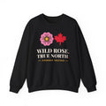 Black sweatshirt with pink flower, red maple leaf, and text.