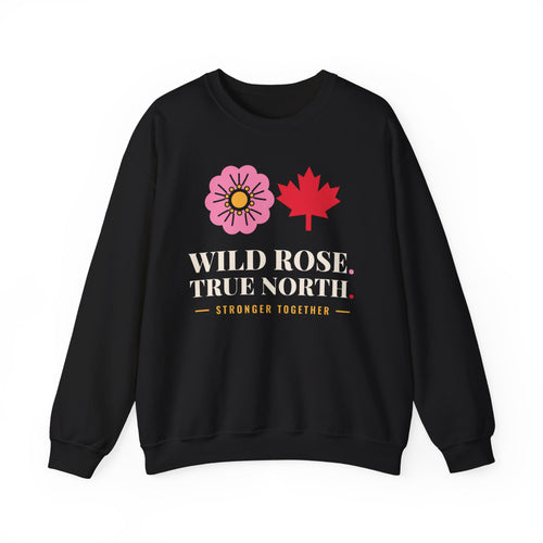 Black sweatshirt with pink flower, red maple leaf, and text.