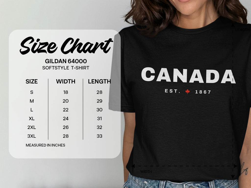 Gildan 64000 Softstyle t-shirt size chart with measurements in inches.