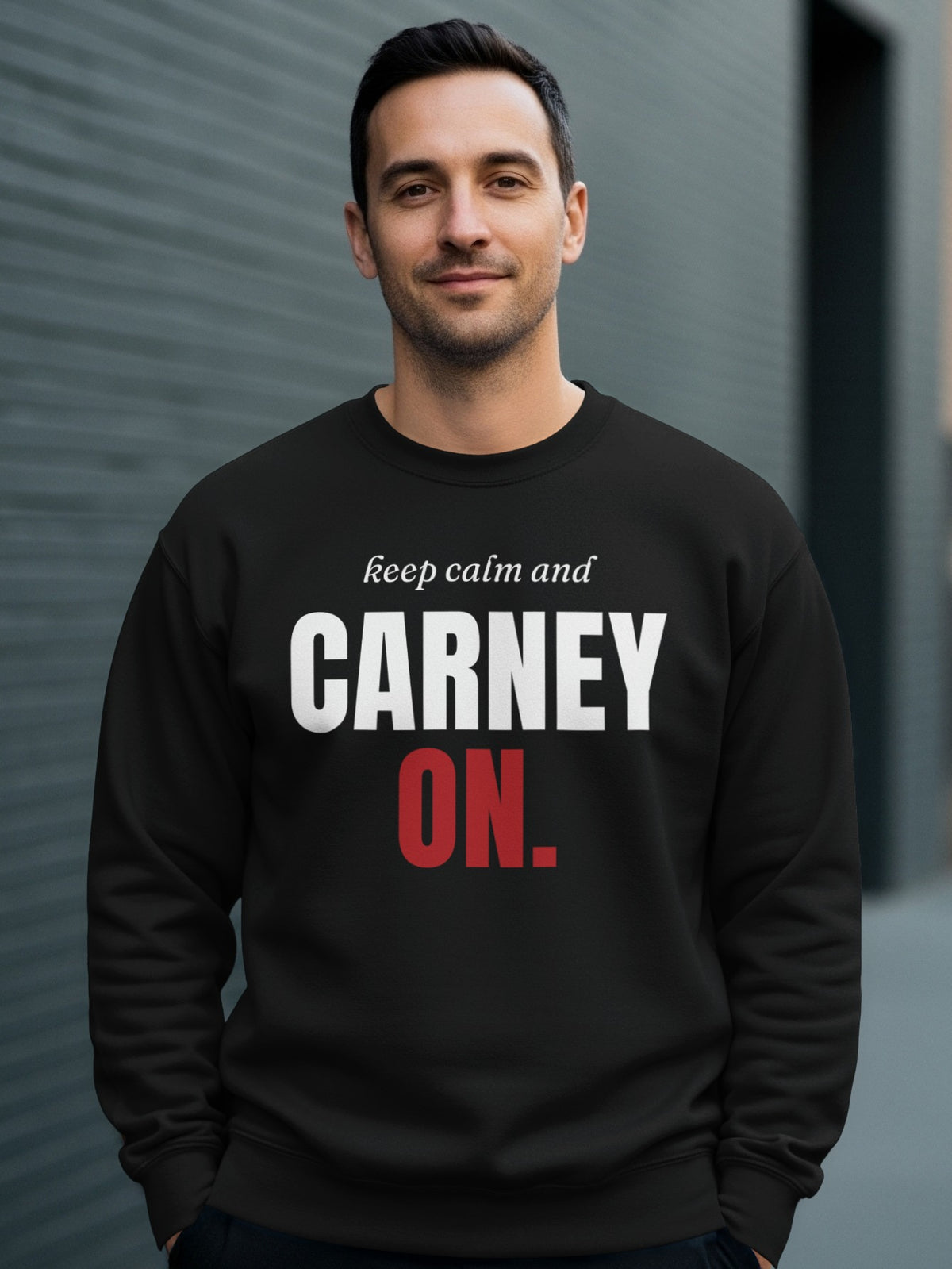 Black sweatshirt with "keep calm and CARNEY ON." text in white and red.