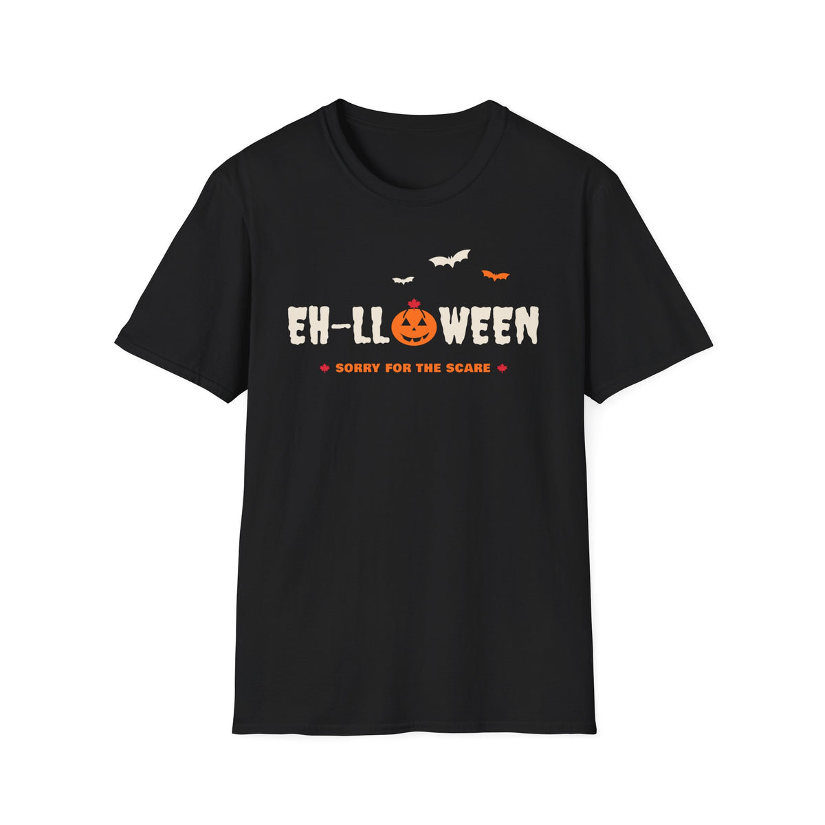 Black t-shirt with "EH-LLOWEEN" text and flying bats.