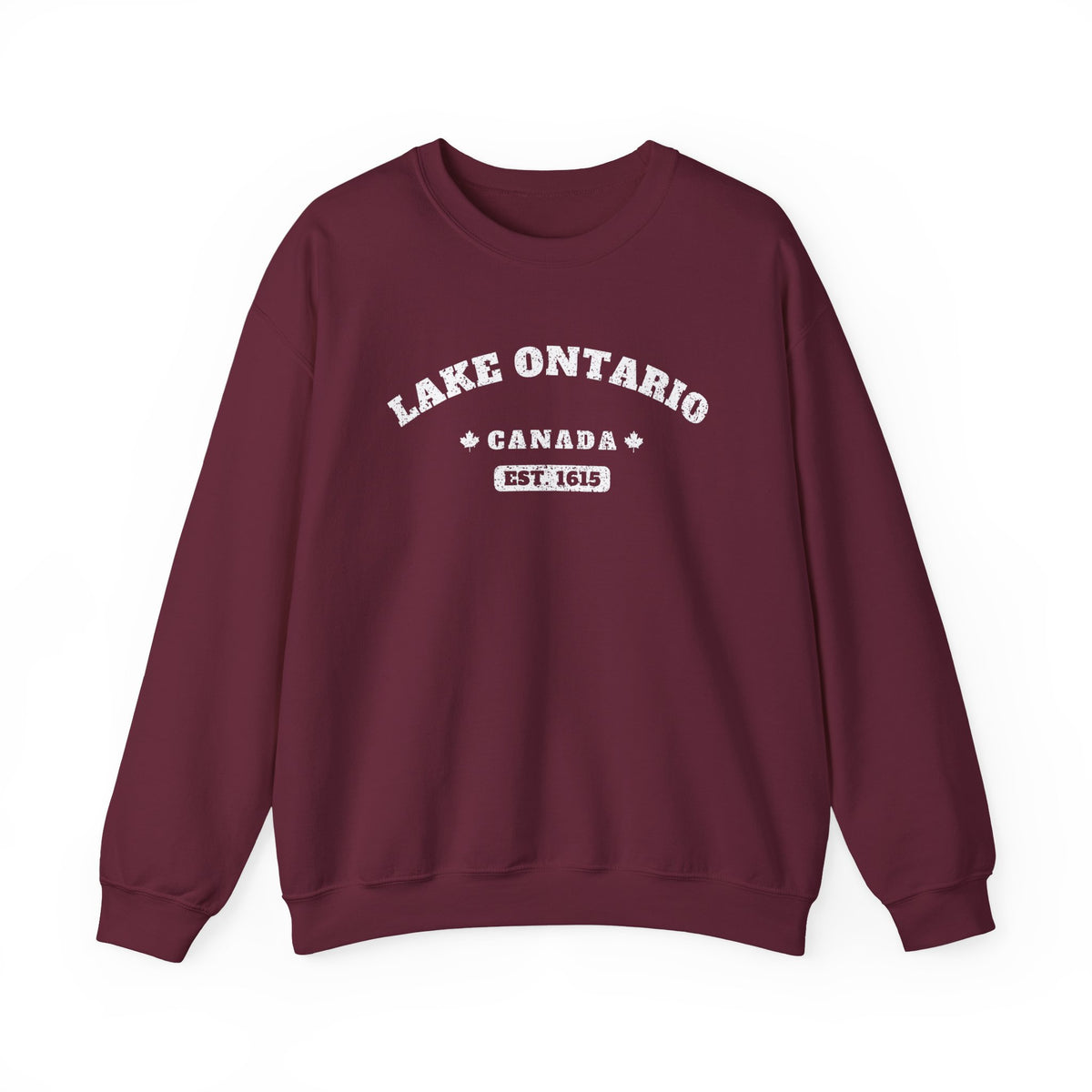 Maroon sweatshirt with "Lake Ontario Canada Est. 1615" printed on the front.