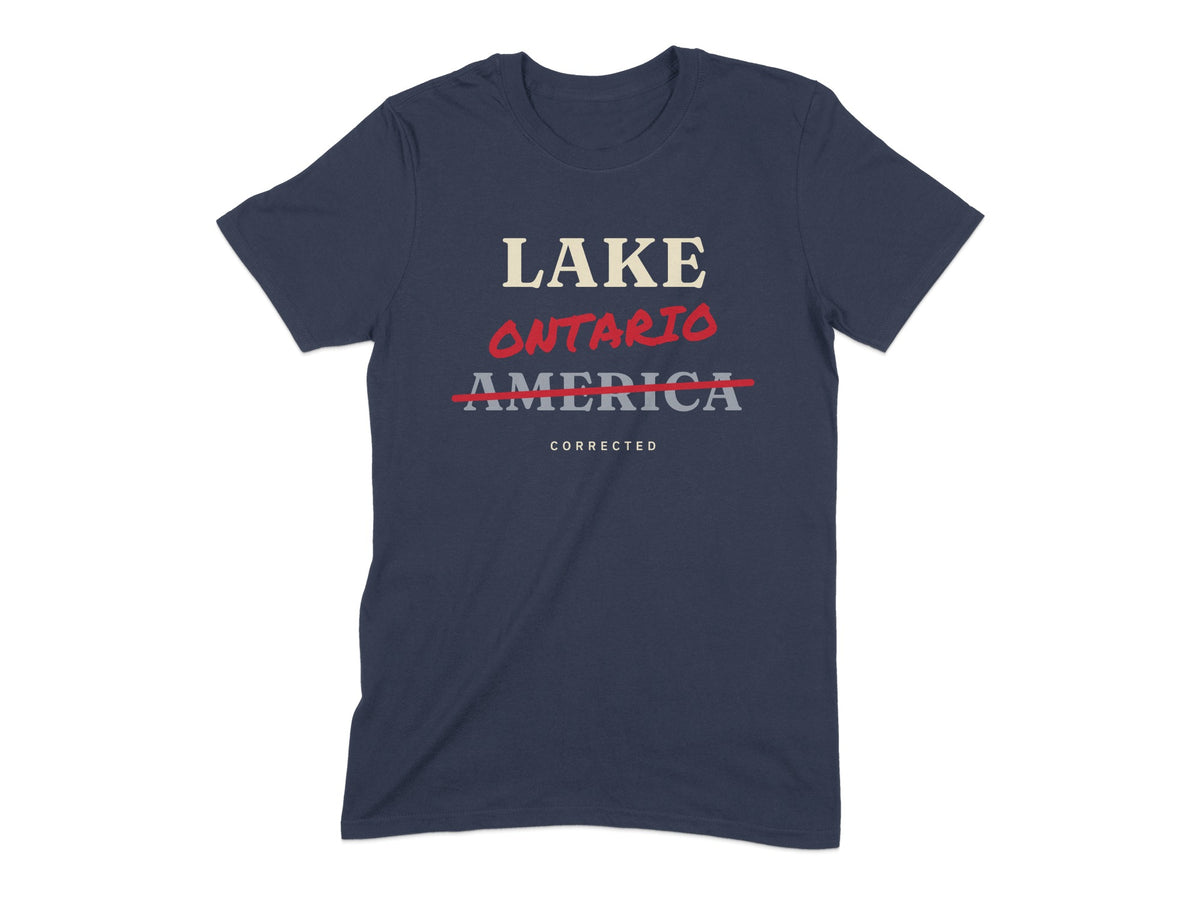 Navy t-shirt with text: LAKE, ONTARIO, AMERICA struck through, CORRECTED.