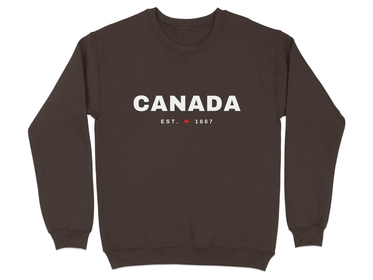 Brown crewneck sweatshirt with white text "CANADA EST. 1867" and a red maple leaf.