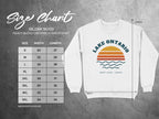 Gildan 18000 sweatshirt size chart with Lake Ontario graphic.