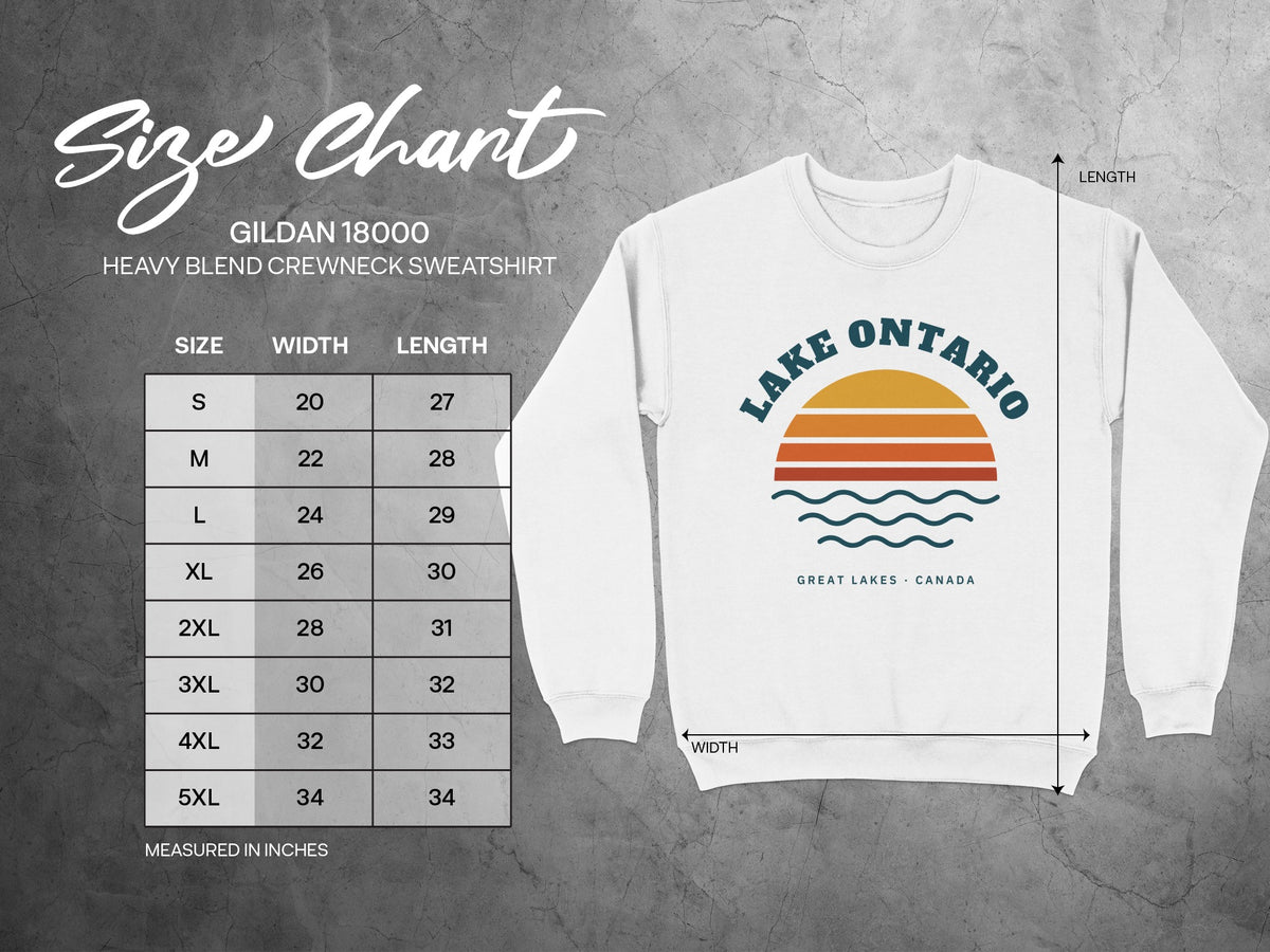 Gildan 18000 sweatshirt size chart with Lake Ontario graphic.