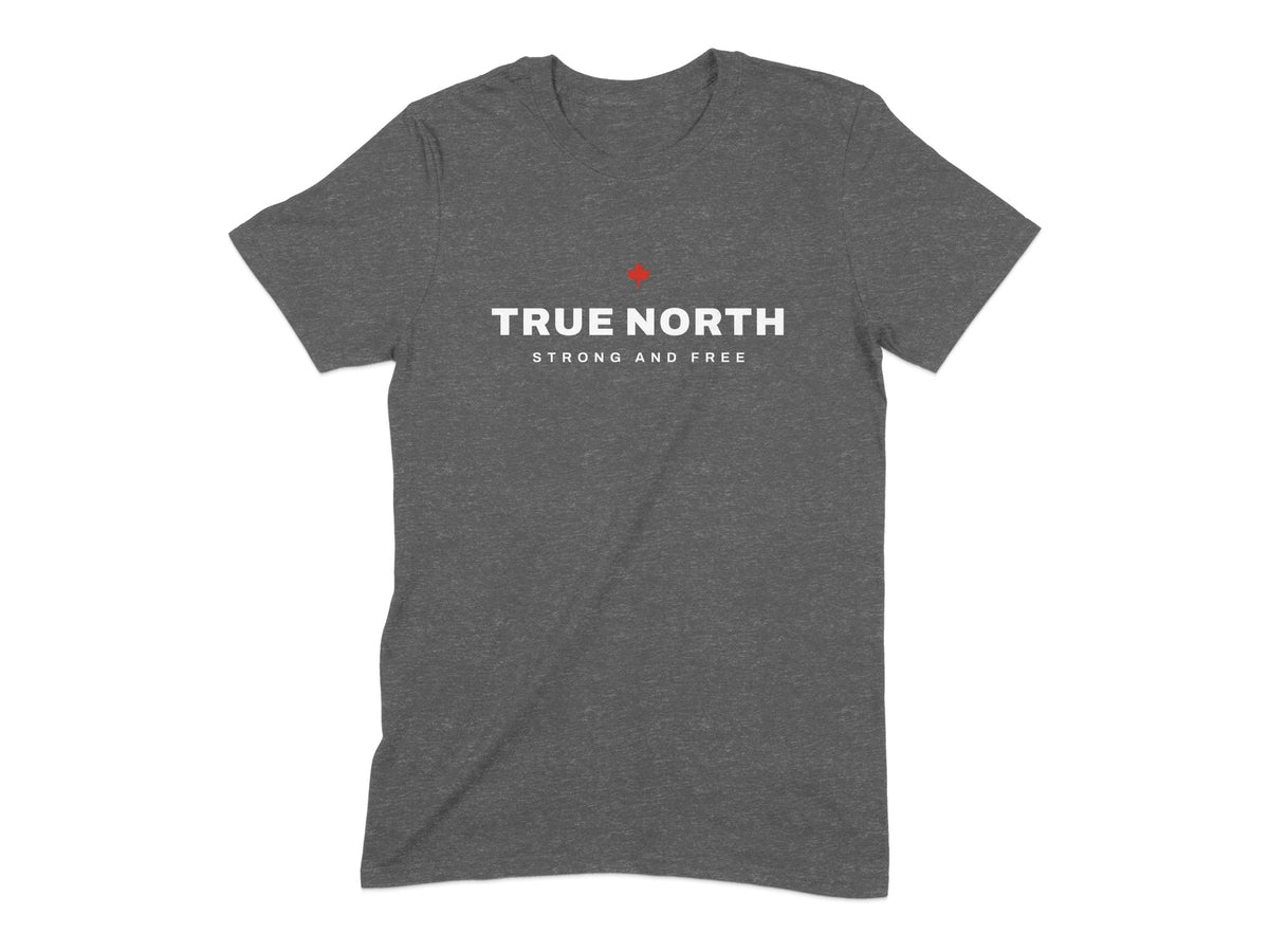 Grey t-shirt with "True North Strong and Free" text and red maple leaf.