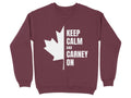 Maroon sweatshirt with white Canadian maple leaf and text "KEEP CALM AND CARNEY ON".