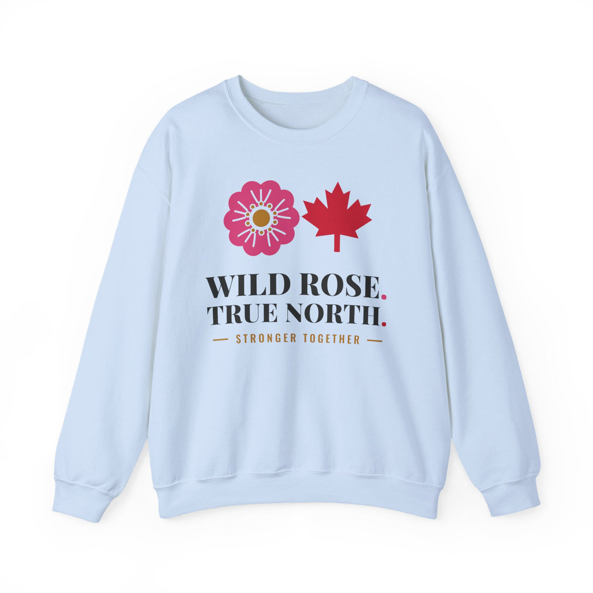 Light blue sweatshirt with pink rose, red maple leaf, and text.