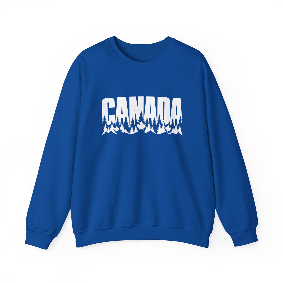 Royal blue sweatshirt with white "CANADA" text above a forest and maple leaf graphic.