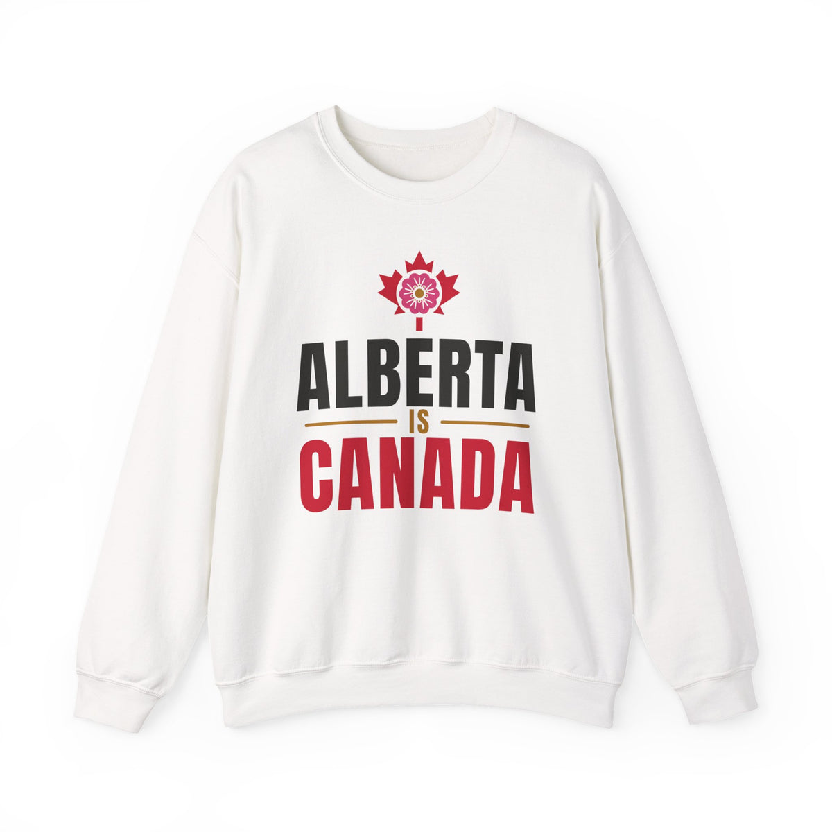 White sweatshirt with "Alberta is Canada" text and a maple leaf emblem.