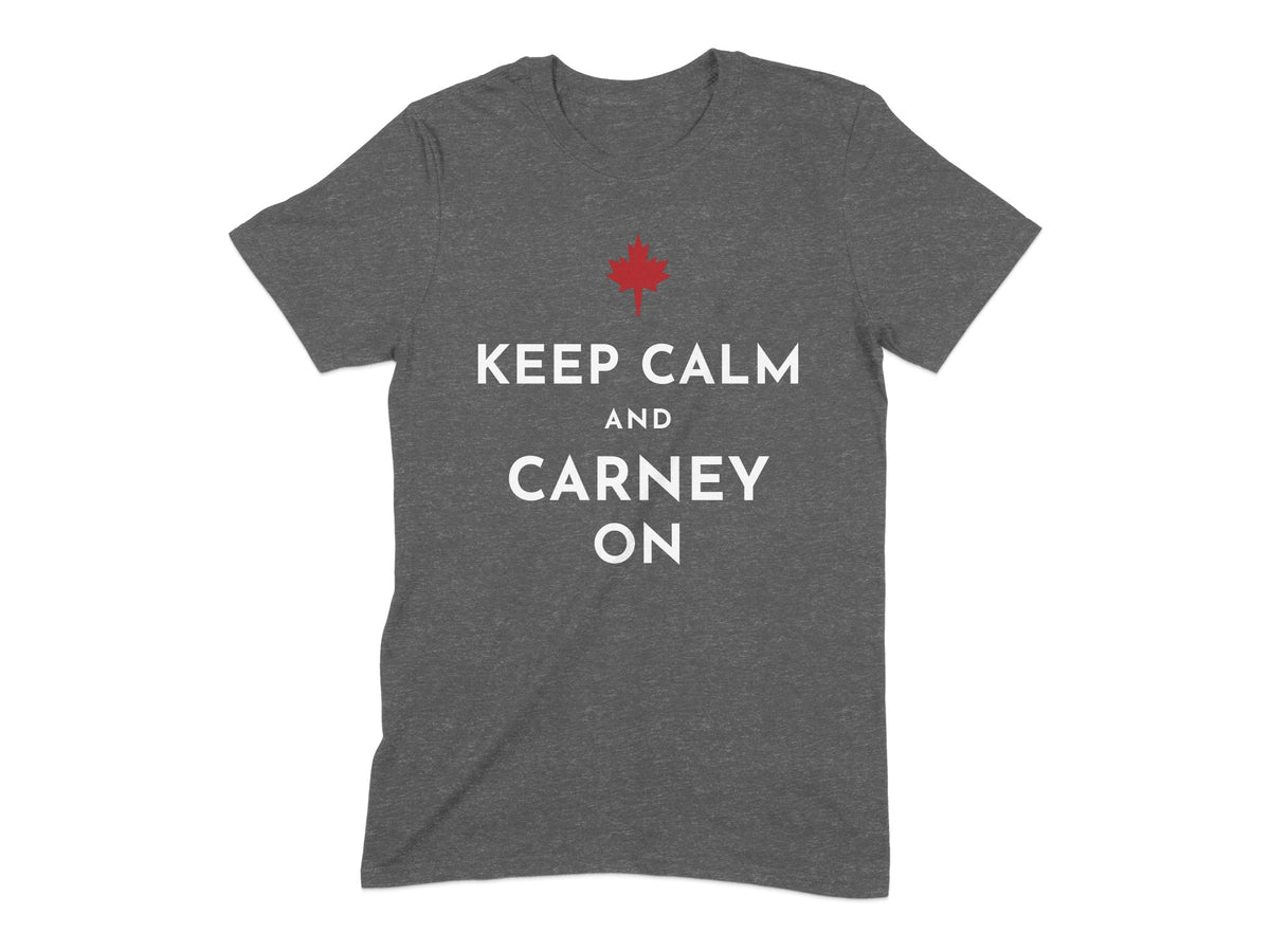 Charcoal t-shirt with white text and red maple leaf reading "Keep Calm and Carney On."