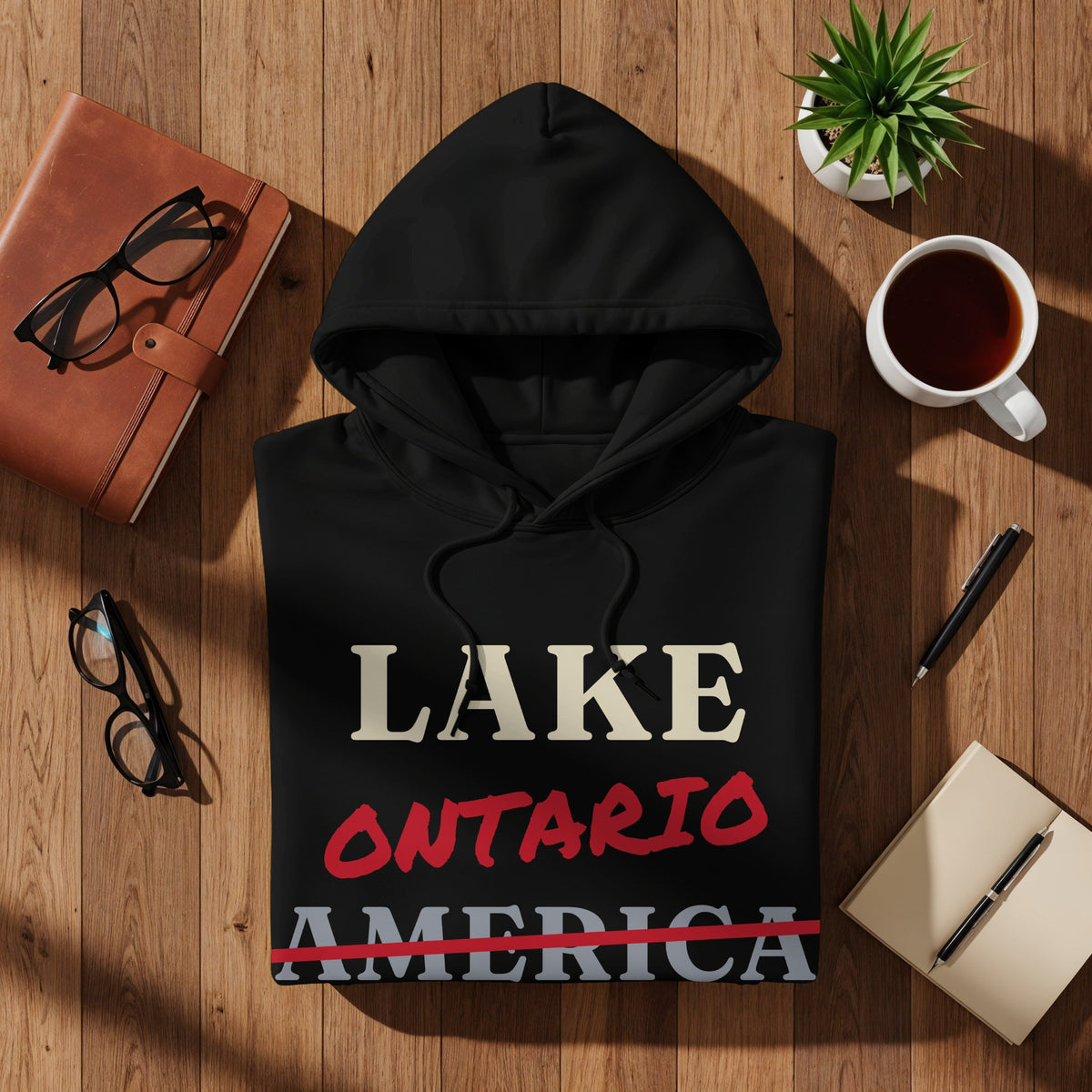 Black hoodie with text: Lake, Ontario, America crossed out.