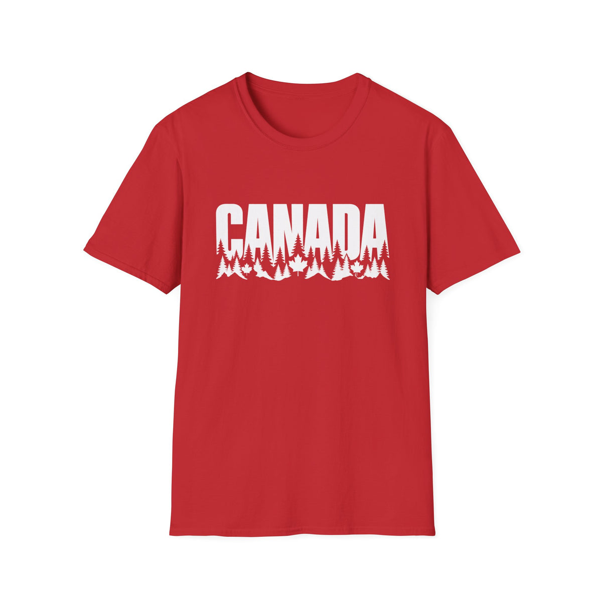 Red t-shirt with white text "CANADA" above a forest and maple leaf silhouette.