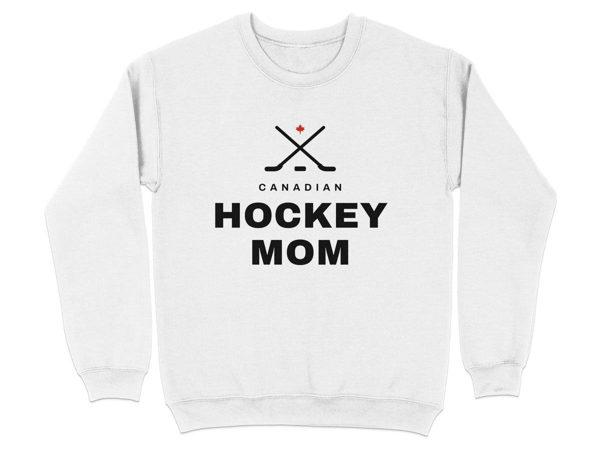 White sweatshirt with black text and Canadian flag hockey sticks.