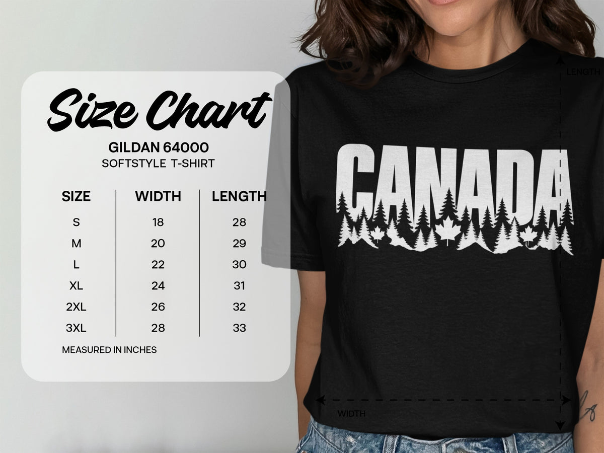 Gildan 64000 size chart for softstyle t-shirts with width and length measurements.