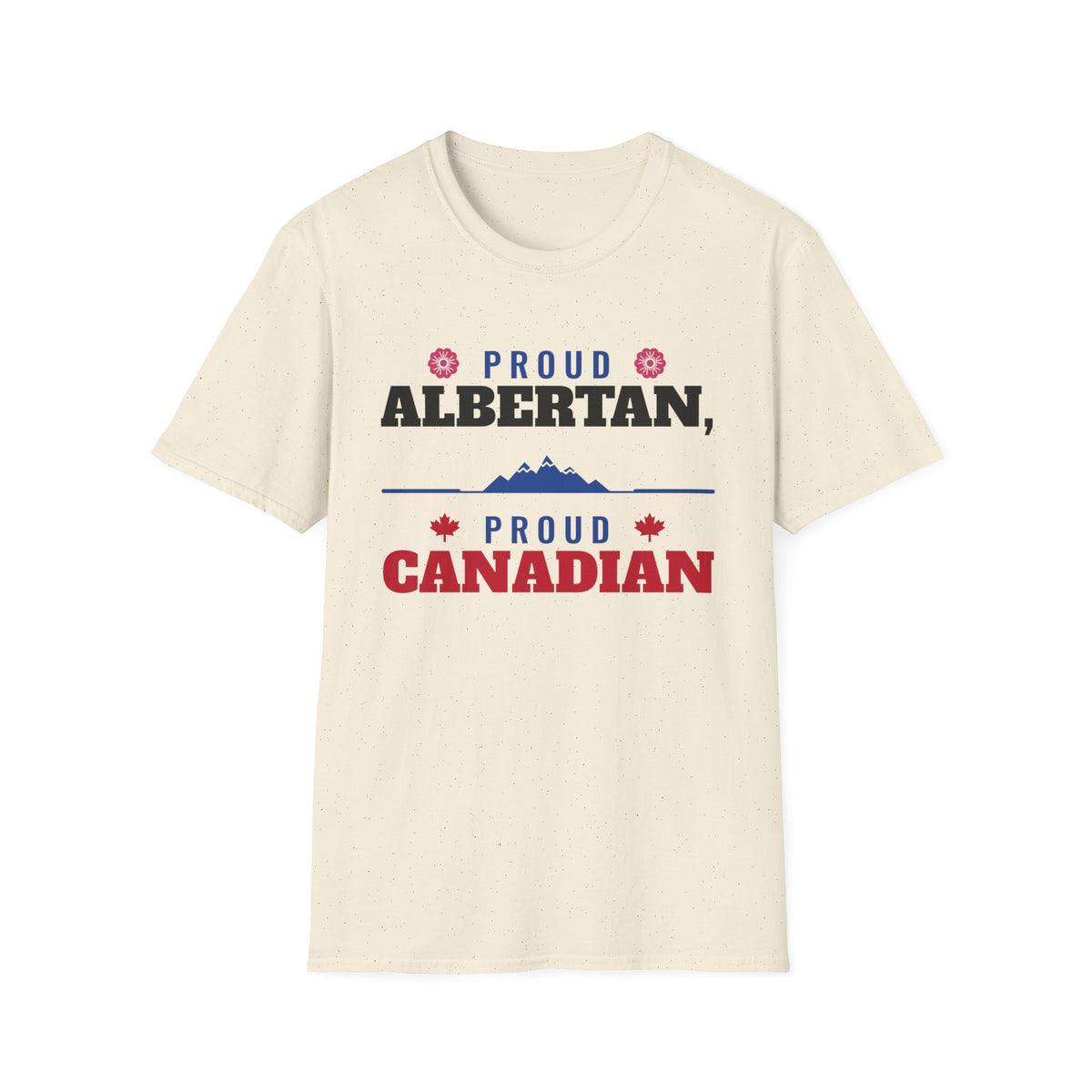 Cream t-shirt with "Proud Albertan, Proud Canadian" text and graphics.